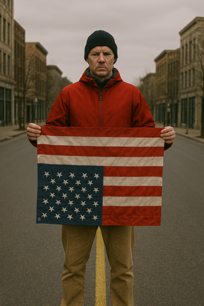 A light-skinned man stands on an empty urban street wearing a red jacket, beige pants, and a black beanie. He holds an upside-down American flag in front of him, symbolizing distress or protest