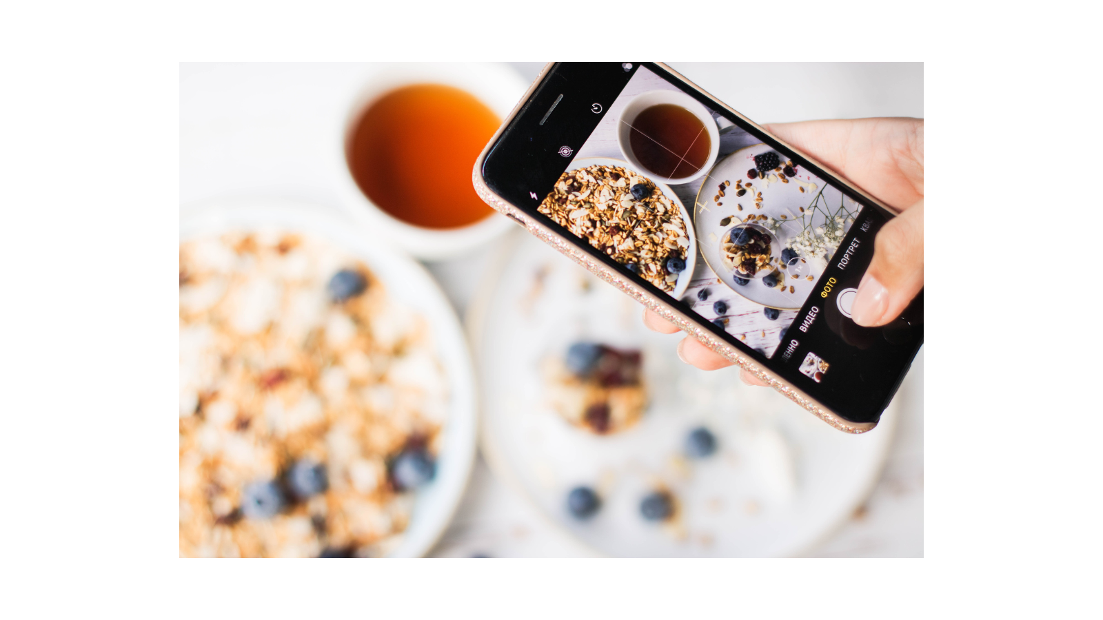 Picture of a phone taking a picture of breakfeast